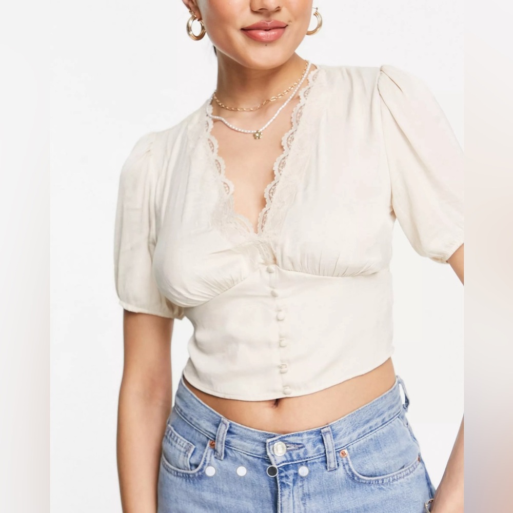 Stradivarius satin romantic blouse with lace trim in stone